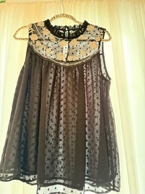 torrid Black Mesh Sleeveless Top with Gold Floral Embroidery